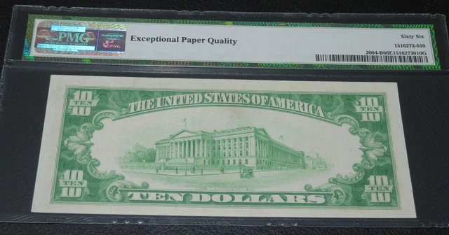 TOP POP LGS. LIGHT GREEN SEAL. $10 1934 New York  FRN. PMG 66 EPQ.  Quality Note 2
