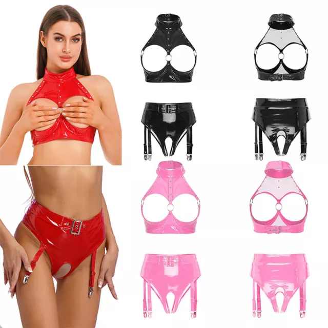 Frauen 2Pcs Dessous Set Halter Crop Top+Unterwäsche Strumpfband Clubwear Sexy