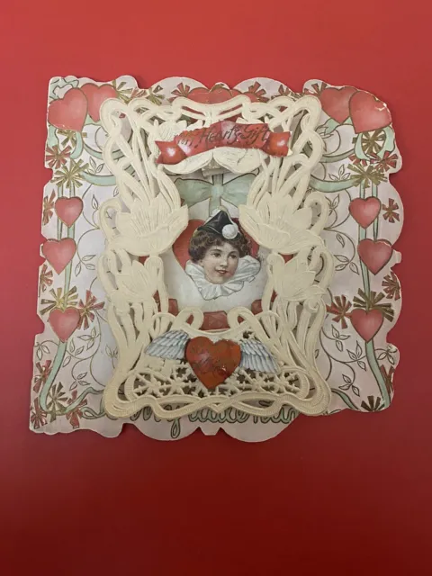 Vintage Valentine Greeting Card Die Cut Victorian Paper Lace Hearts Woman
