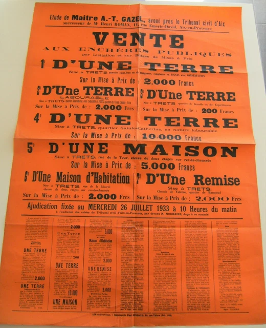Affiche vente enchère terre maison habitation remise Trets 1933 vintage rétro