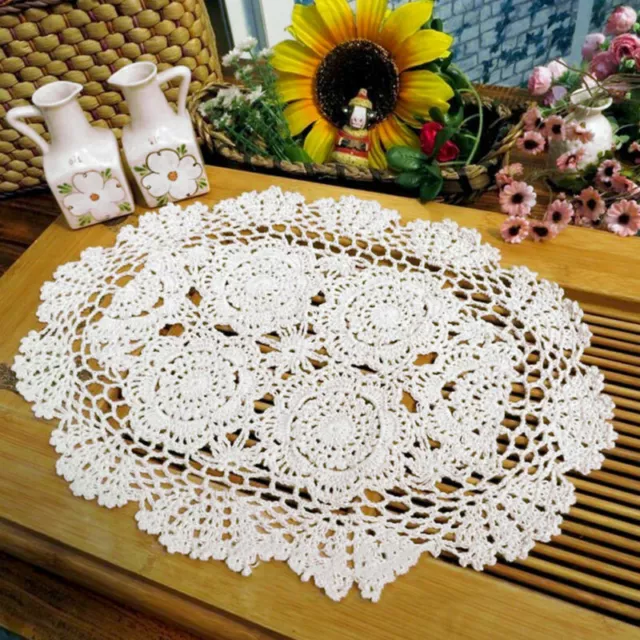 White Vintage Hand Crochet Lace Doily Oval Table Mats Flower Placemat 30x45cm