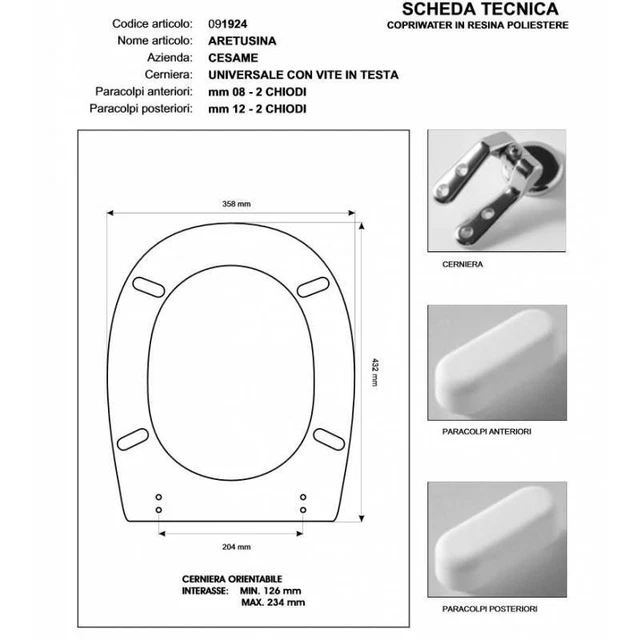 Copriwater Cesame Aretusa Originale Bianco - In Legno Con Cerniere Cromate