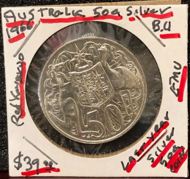Australian Bu 1966 50¢  Last Year Of Silver Coin As Money--Kangaroo, Emu & Queen