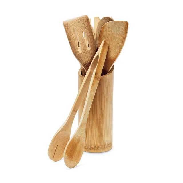 Set Di 6 Cucchiai In Legno Di Teak Naturale – Utensili Da Cucina In Pezzo Unico, Manico Lungo, Per Pentole Antiaderenti