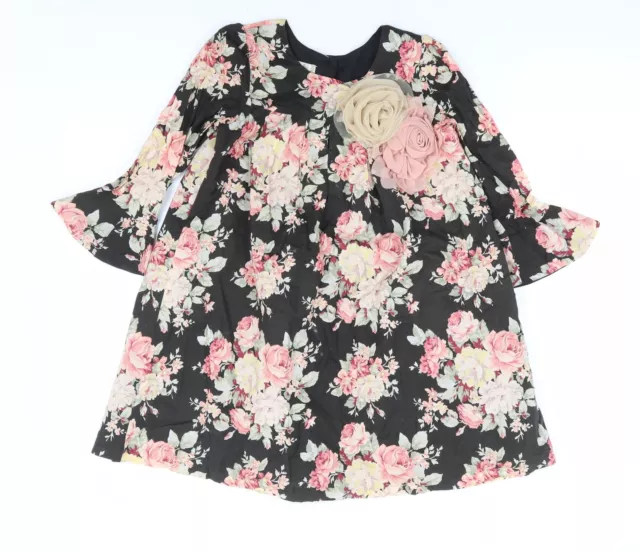 Laura Ashley Girls Black Floral 100% Cotton A-Line Size 6 Years Round Neck Butto