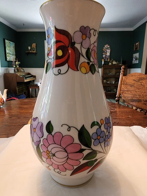 Kalocsa Hand Painted Porcelain Vase from Hungary Floral Gold Trim 7.5" Tall