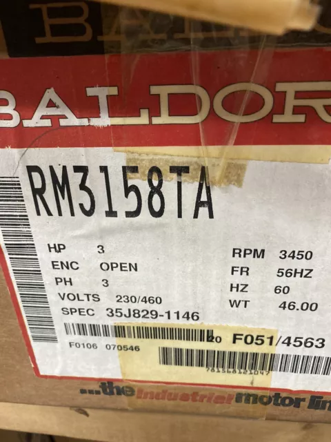 New Baldor Rm3158Ta  3Hp, 3450Rpm, 3Ph, 60Hz, 56Hz, 3528M, Open, F1