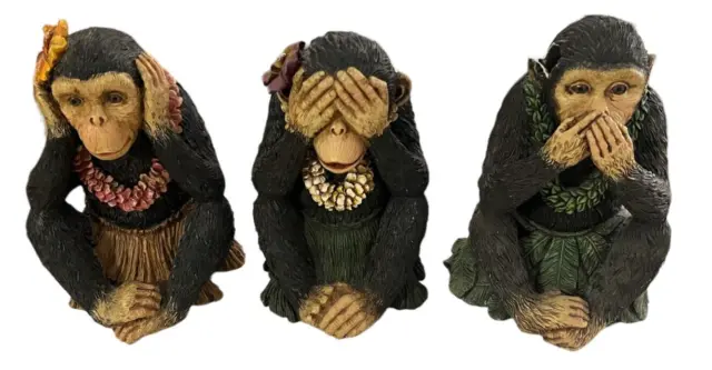 Hear See Speak No Evil Monkeys Hawaiian with leis and Flowers 10 Inches Tall