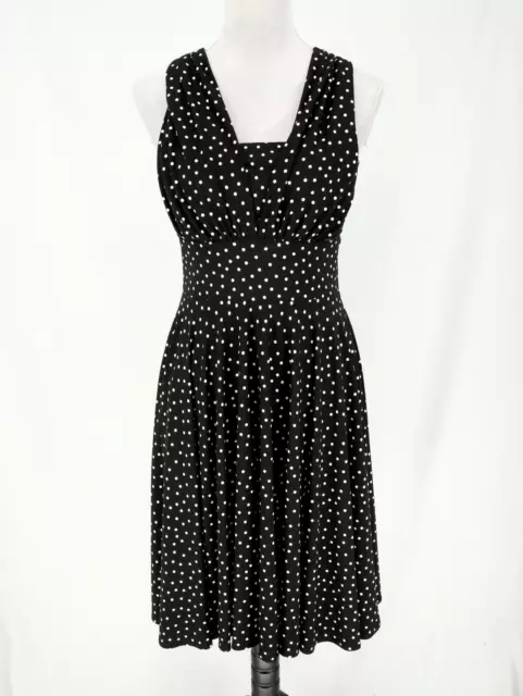 WHBM Black Polka Dot Dress Sz 8 Womens Racerback Stretch Knit Fit n Flare