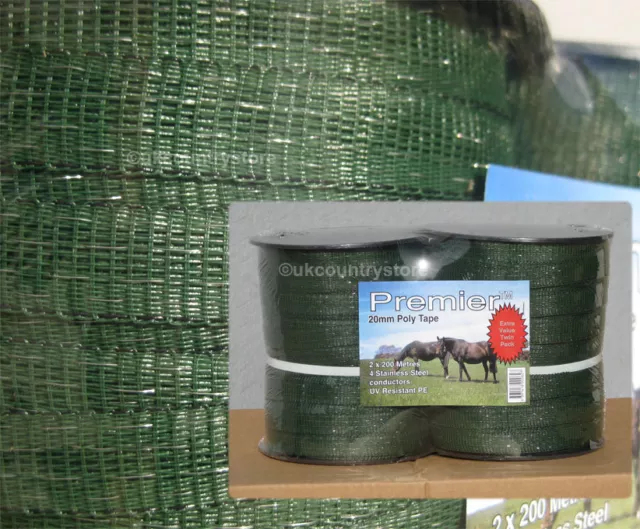 Green 20mm Electric Fence Tape 2 x 200m Twin Pack Horse Fencing Poly Tape