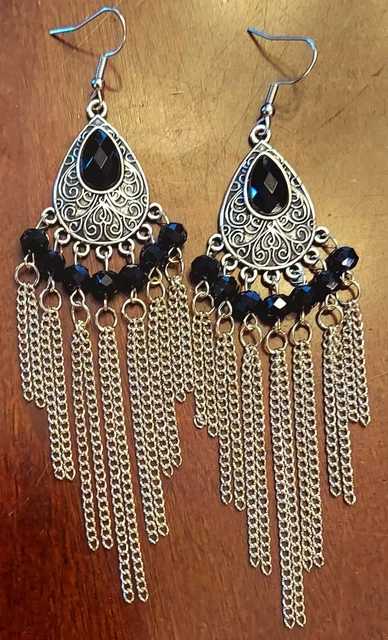 Long Silver Statement Dangle Chains Waterfall Chandelier Black Teardrop Earrings