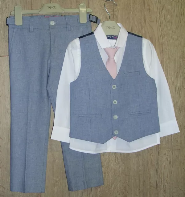 Next Boys Pale Blue Trousers Waistcoat Shirt Pink Tie Wedding Suit Age 3-4 104cm