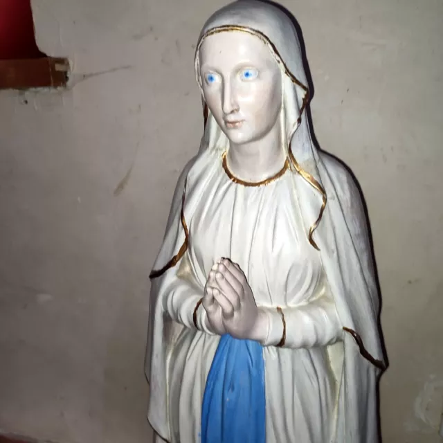 ANCIENNE GRANDE STATUE de la Vierge Marie en plâtre polychrome h 80cm