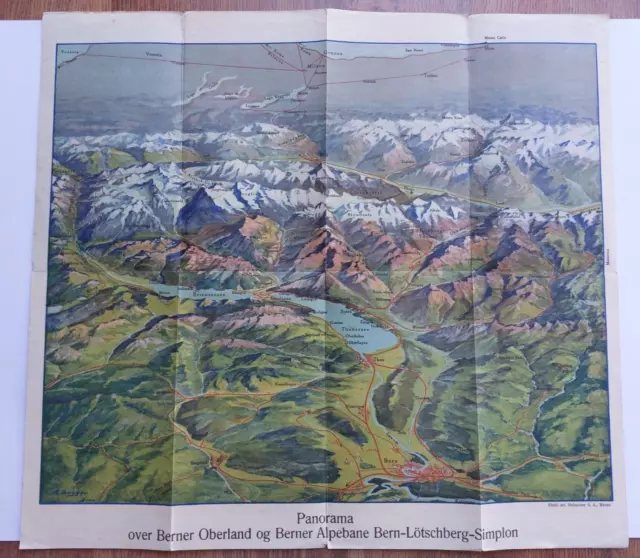 1923 Berner Alpebane Bern Lötschberg Simplon. Alpenbahn Vintage Map. Switzerland