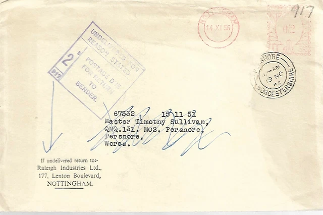 2d POSTAGE DUE BOXED CACHET ON 1956 TYPED COVER NOTTINGHAM REF 1104