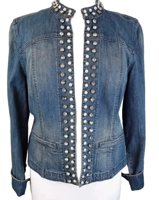 Chicos Platinum Stretch Denim Open Jacket Embellished Rhinestones Sz 2