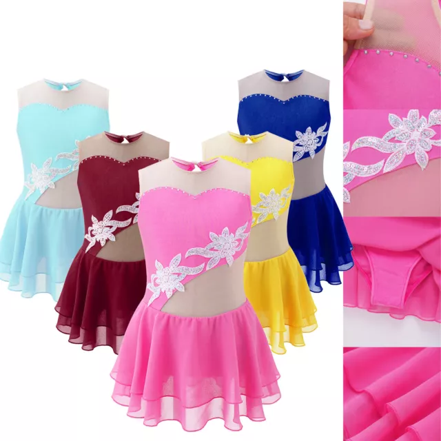 Kids Girls Shiny Rhinestones Roller Figure Ice Skating Dress ompetition Leotard