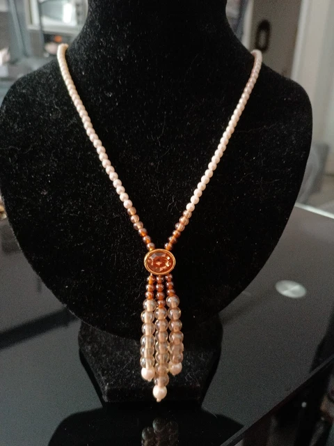 Collier Sautoir Vintage Années 60 - Perles Et Strass Sur Métal Doré - Occasion