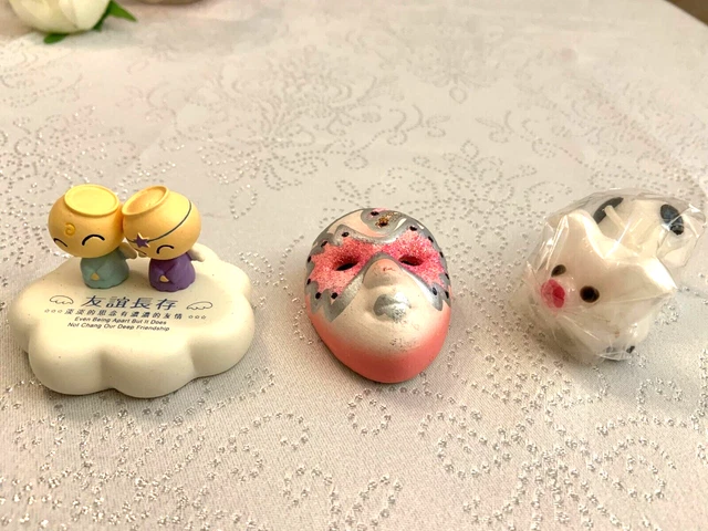 Face Mask Mini Pottery Hand Made Women , Pig Candle , Friendship Figures .Cute