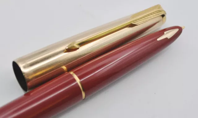 Vintage Parker 61 Burgundy 12K Cap & 14K Nib F Capillary Fountain Pen USA Parts