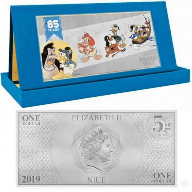 NIUE 2019 - 1 dollar NZD Donald Duck™ - 85ème anniv. Disney™ - Billet Argent