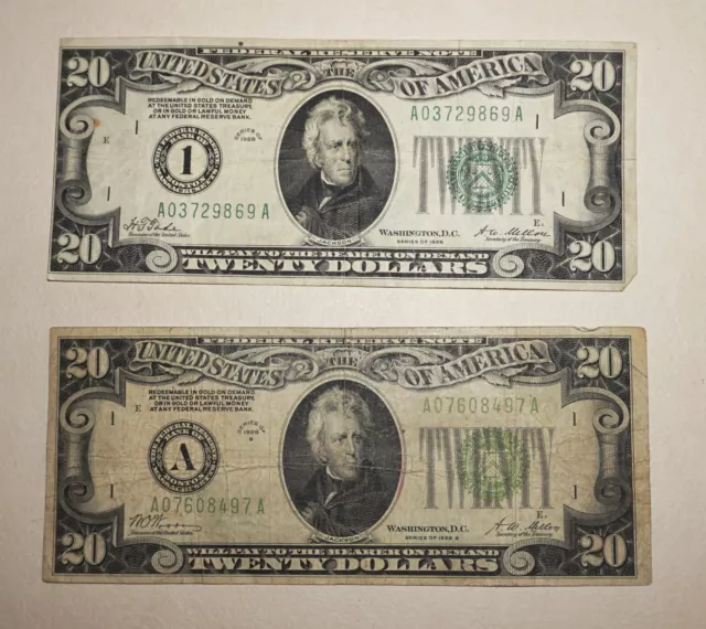 2: 1928 $20 Dollar Bill Federal Reserve Notes (1928-A:1928 I: Boston ) Fine & Vf