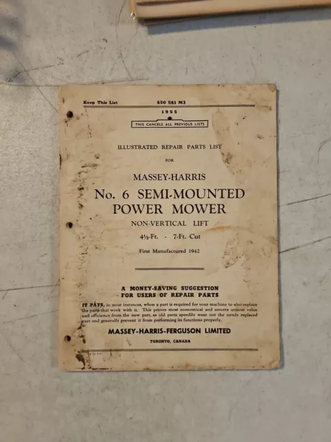 Vintage 1955 Massey-Harris 6 Semi-Mounted Power Mower Repair Parts List