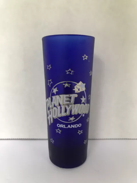 PLANET HOLLYWOOD ORLANDO souvenir blue glass tall shot glass 4" tall skinny