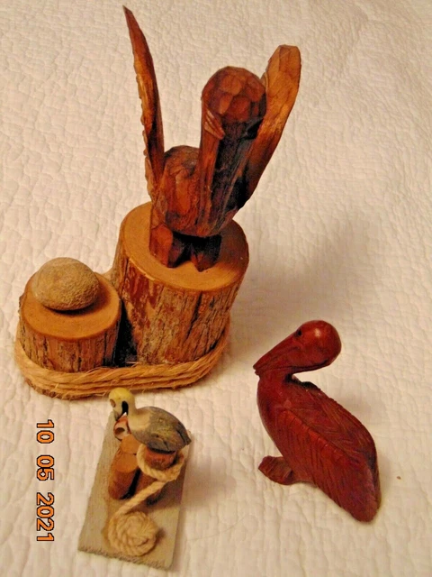 Hand Carved Wooden Pelicans (Lot of 3)  Kitsch Beach Décor