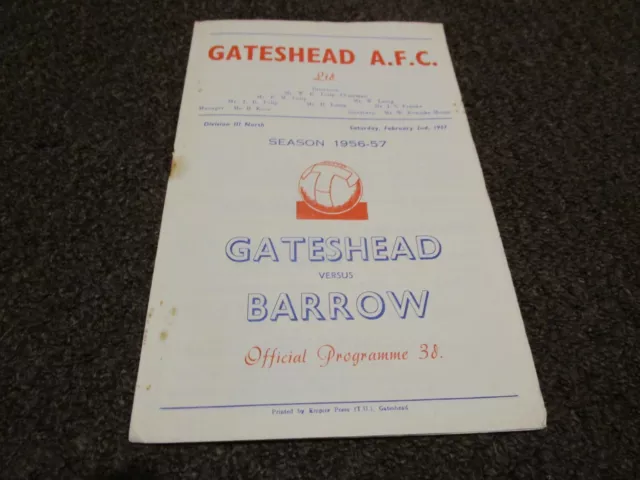 GATESHEAD  v  BARROW  1956/7  FEBRUARY 2nd  FOOTBALL PROGRAMME