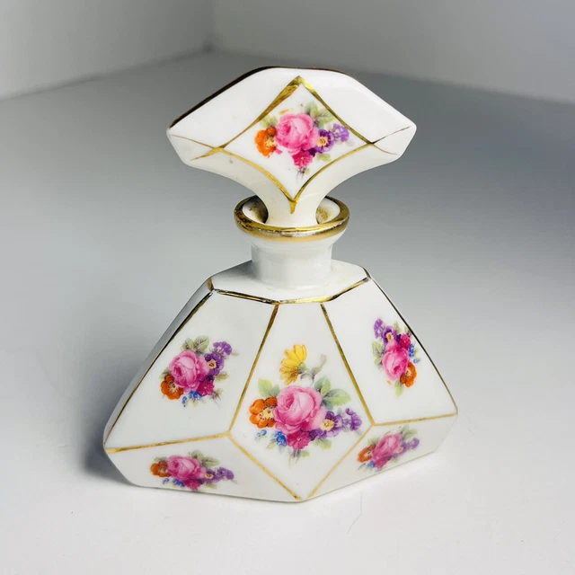 Stunning Antique German Porcelain Perfume Bottle Pink Rose Flowers Gold Trim Stunning Antique German Porcelain Perfume Bottle Pink Rose Flowers Gold Trim