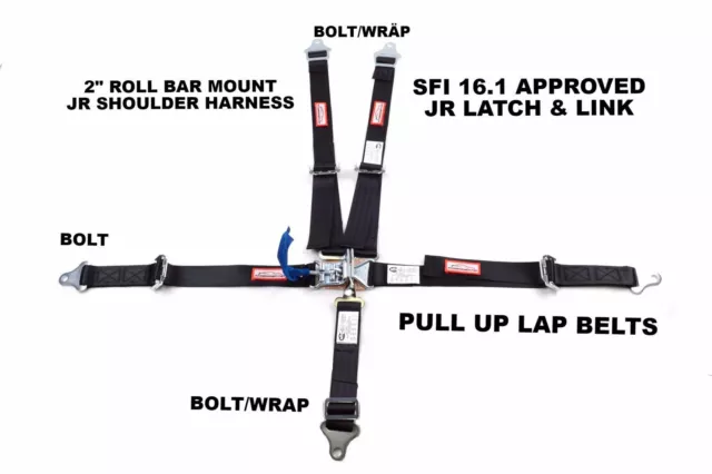 Jr Racing Harness Sfi 16.1 5 Point Latch & Link Roll Bar Mount Belt Black