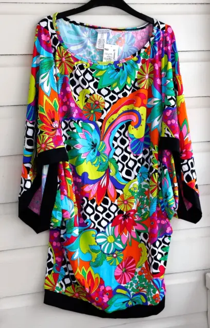 Trina Turk Multicolor Floral Pattern Swim Tunic Cover Up-Kimono Sleeve Women's L