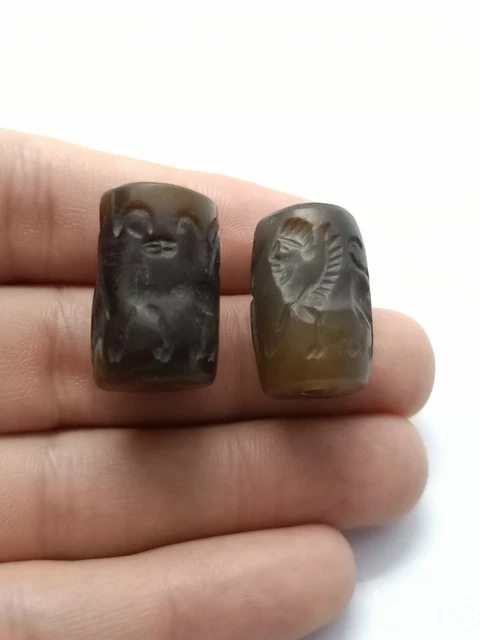 2 PCS Antique Agate Roman Medieval Intaglio Engraved Cylinder Historical Beads
