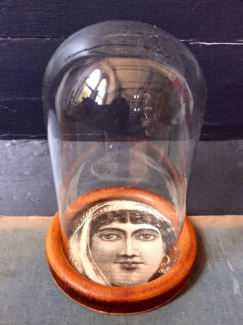 Vintage Glass Cloche Bell Dome,Unusual Face Base,Antiques Curios Feature Display