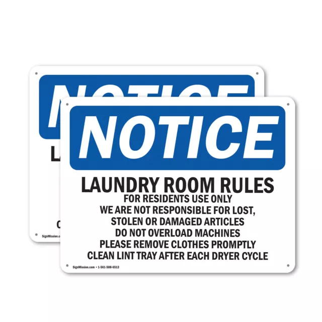 (2 Pack) Laundry Room Rules For Residents Use Only OSHA Notice Sign Decal Metal