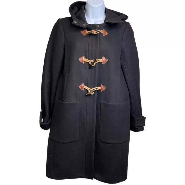 J Crew Women’s Wool Blend Winter Coat Sz 6 Black Convertible Hooded Toggle Front