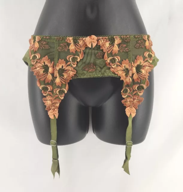 Vintage Antinea Green & Beige Embroidered Mesh Garter Belt Size Small