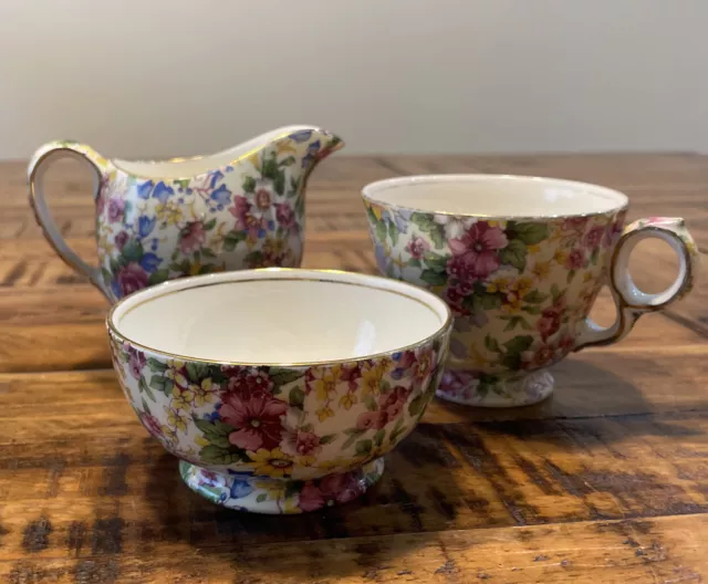 GRIMWADES ROYAL WINTON Cheadle Chintz Tea Cup, Creamer & Sugar Bowl 1930’s