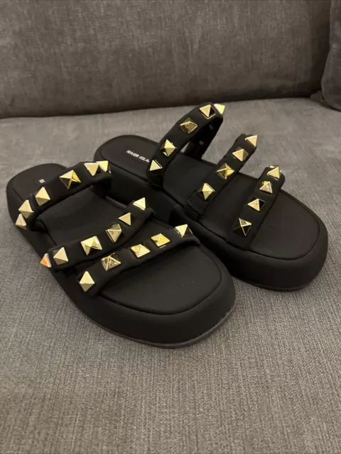 River Island Size 7 Sandals Sliders Black Silver Studs Bnwob