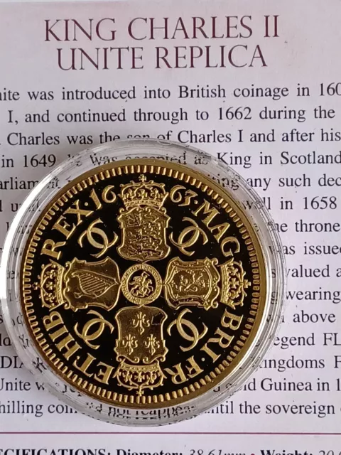 KING CHARLES II UNITE  .24CT GOLD PLATED PROOF MUSEUM COLLECTION - coa