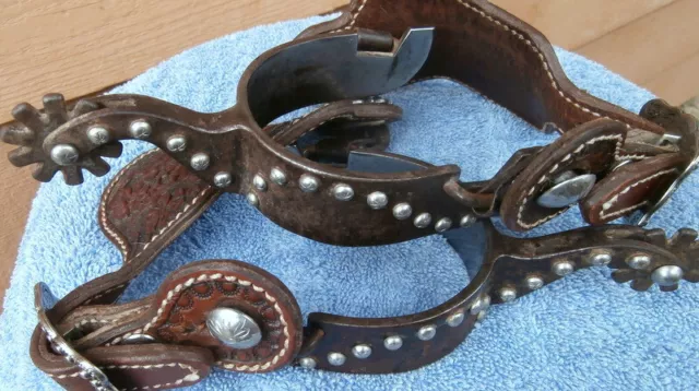 Iron Silver Dot using Spurs wtih Tooled Lined Flared Silver Buckle Spur Straps
