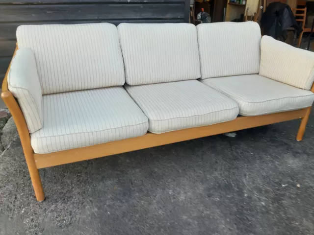 Vintage Retro antique Danish mid-century 3 seater sofa couch stripy wool beech