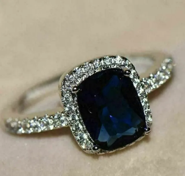 2Ct Cushion Lab Created Blue Sapphire Diamond Engagement Ring 14K White Gold Fn