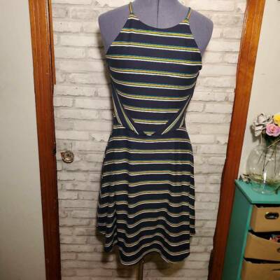 Fortune + Ivy Womens A Line Dress Blue Striped Halter Neck Keyhole Stretch M New