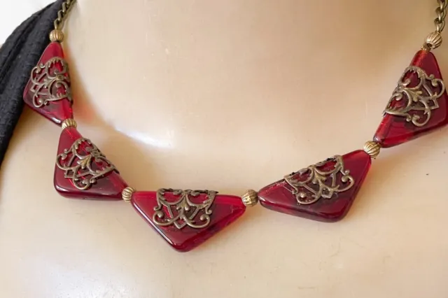 Vintage Necklace Art Nouveau Antique Red Czech Glass & Filigree Collar