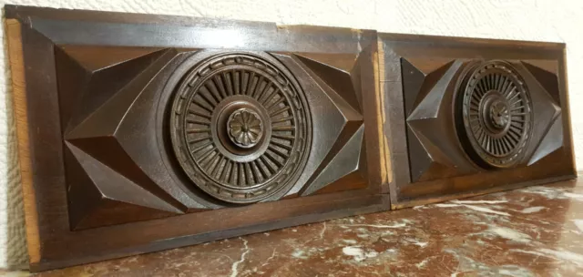 2 Diamond rosette wood carving panel - Antique french architectural salvage .