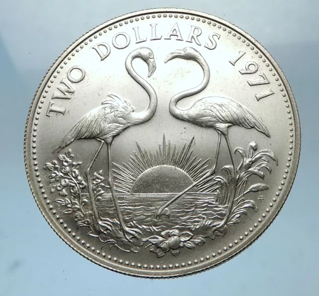 1971 The BAHAMAS SILVER 2 Dollars Large Coin Elizabeth II FLAMINGO Birds i68516