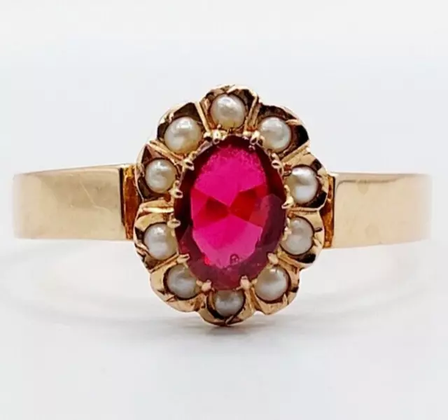 Bague marguerite antique or rose 18k pierre rouge et perles (circa 1900)