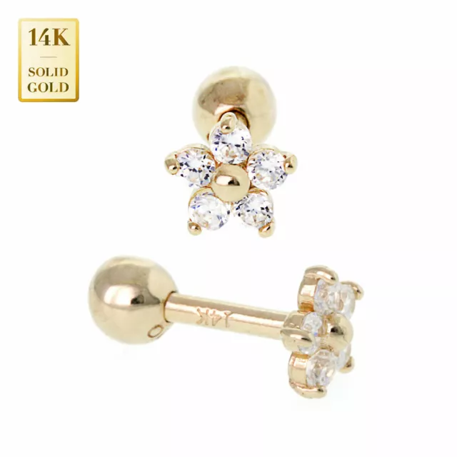 14K REAL Solid Gold Flower CZ Stud Helix Tragus Cartilage Earring Piercing 18G